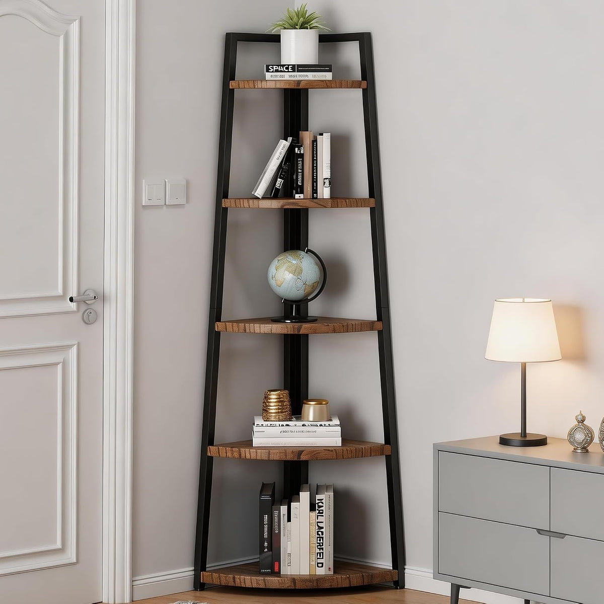 Brown Tall Ladder‑Style Solid Wood Corner Bookcase