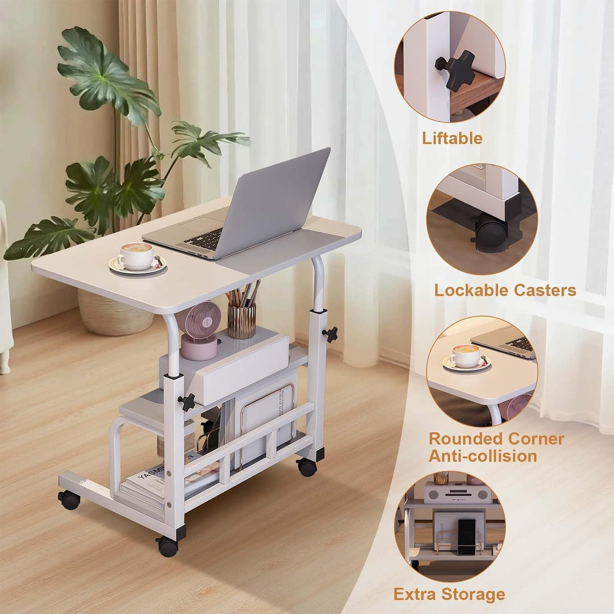 Mobile Rolling Standing Desk with Storage Shelves