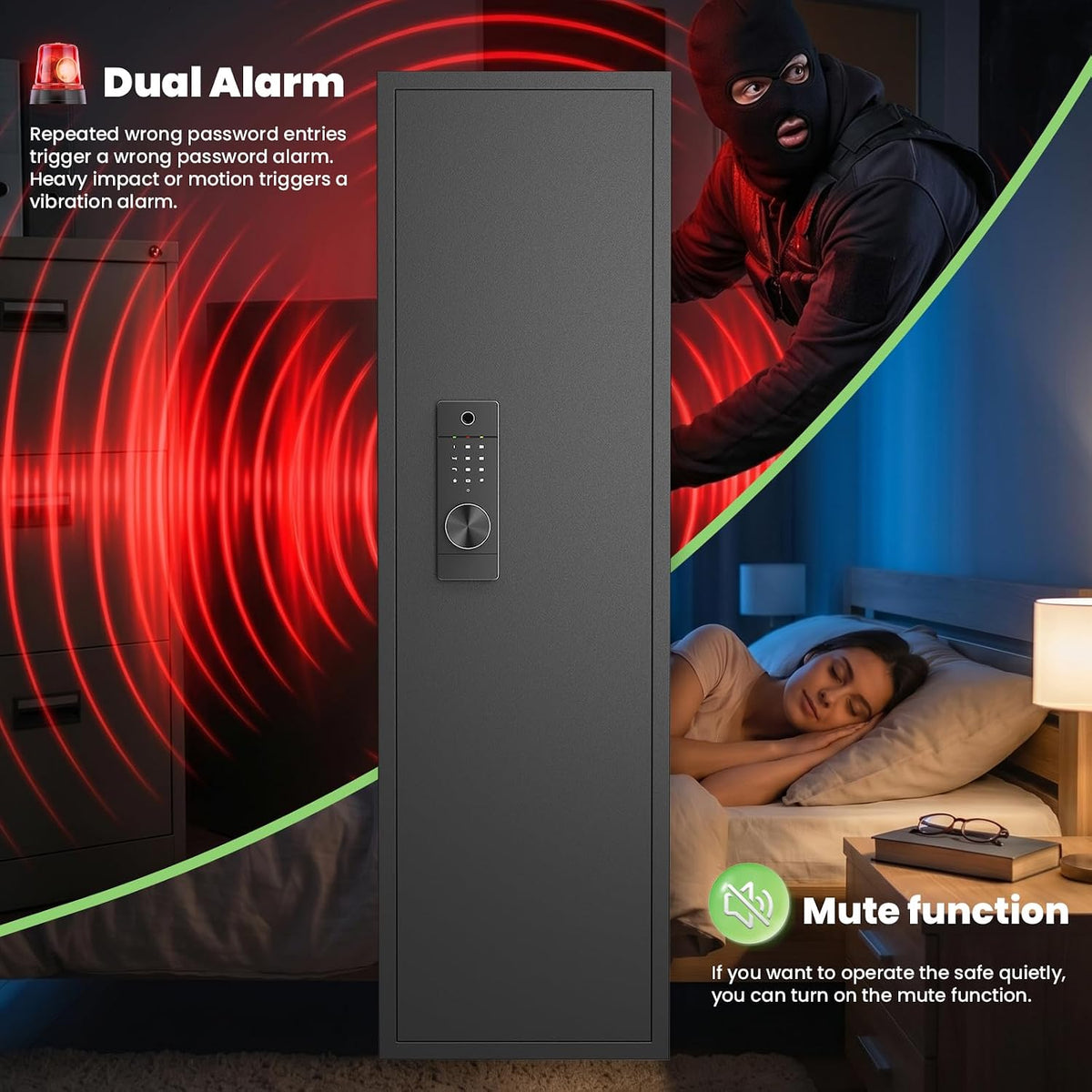 Black Fingerprint In‑Wall Safe with Dual Alarm & Shelves
