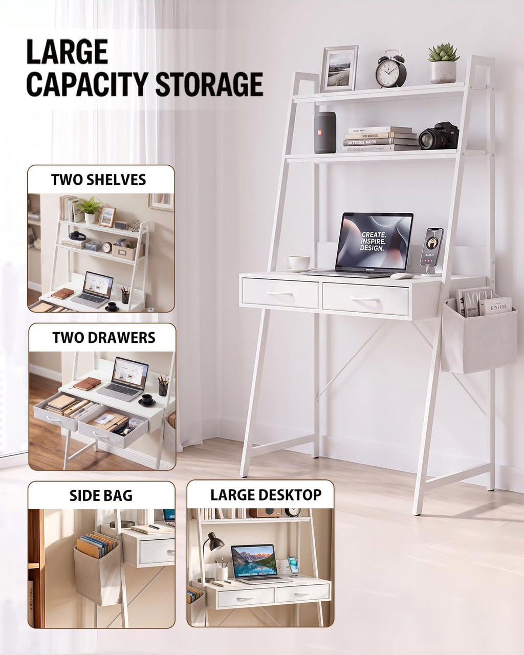 Home Office Desk with Drawer & 2‑Tier Shelves