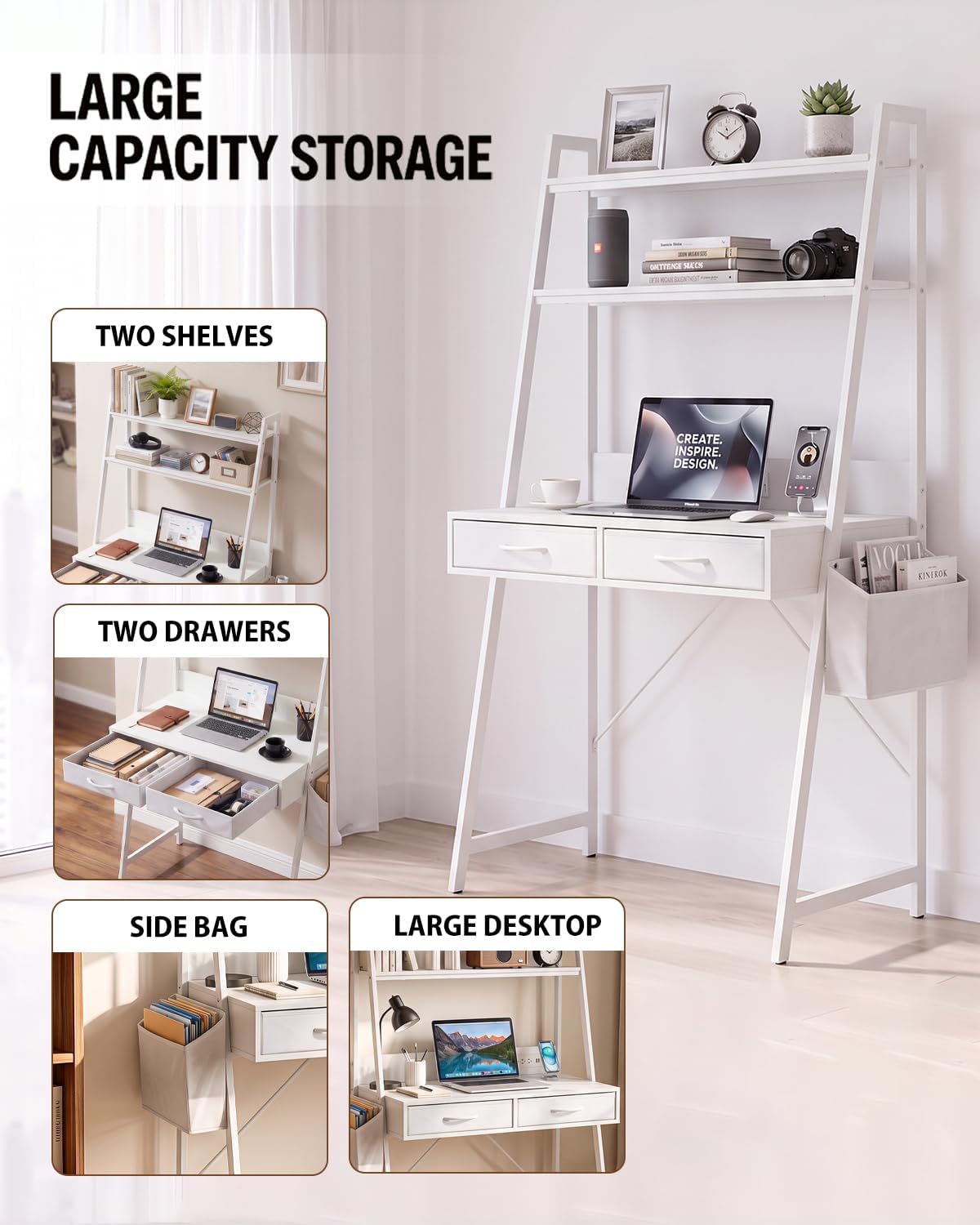 Home Office Desk with Drawer & 2‑Tier Shelves