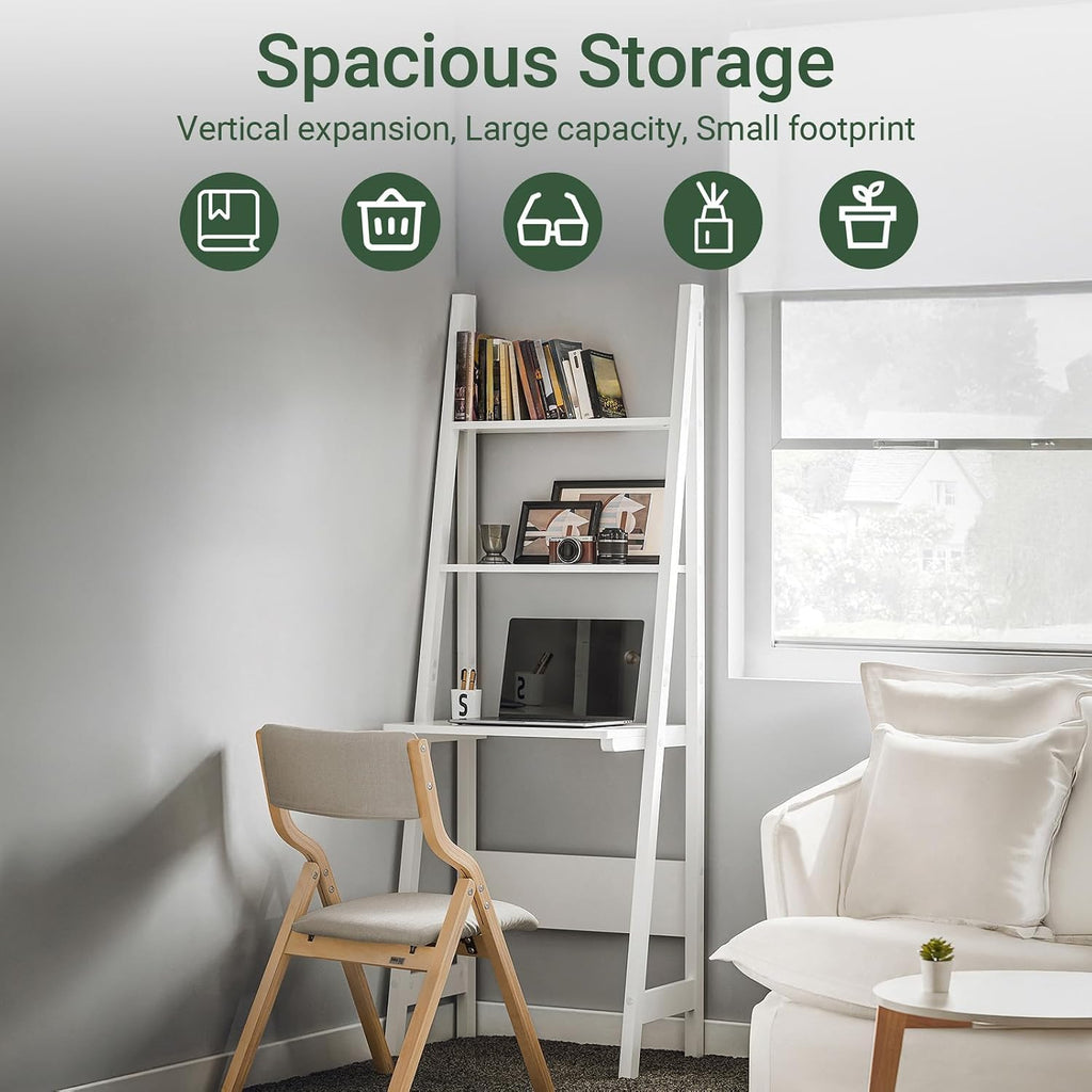 White Freestanding Ladder Desk with Shelves