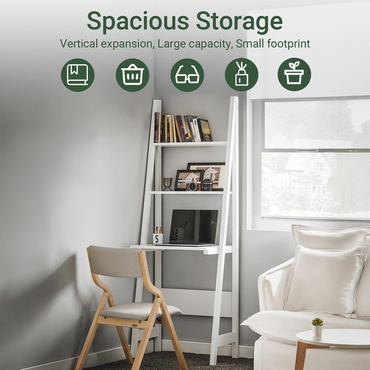 White Freestanding Ladder Desk with Shelves