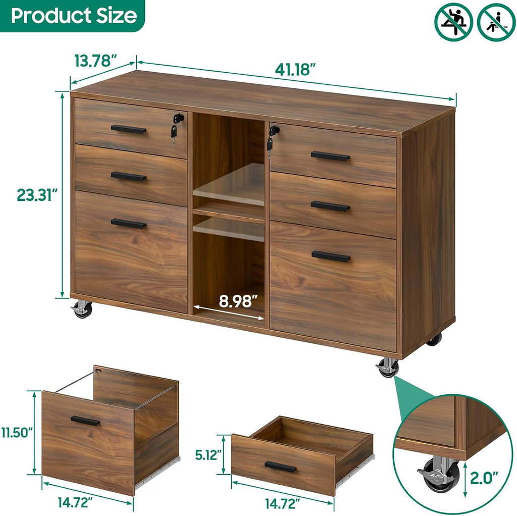 Brown Mobile Lateral File Cabinet with 6 Lockable Drawers