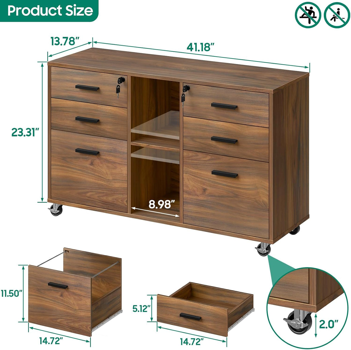 Brown Mobile Lateral File Cabinet with 6 Lockable Drawers