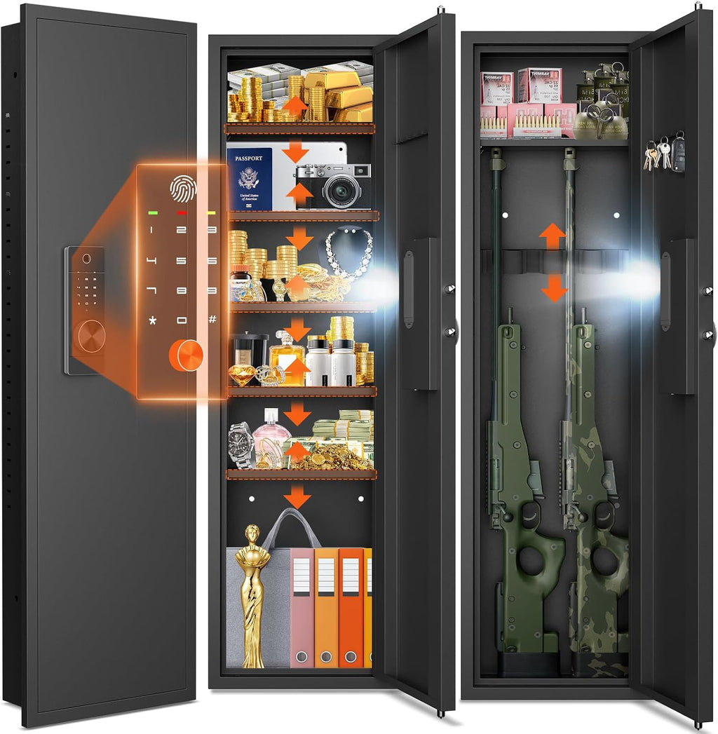 Black Biometric In‑Wall Safe with Gun Rack & Shelves