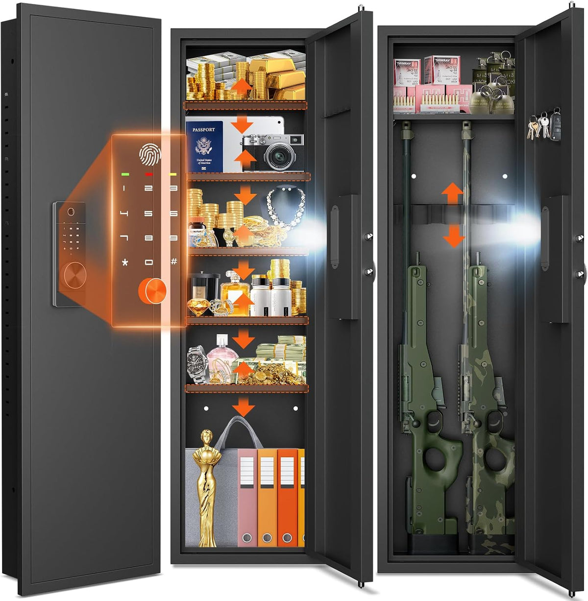 Black Biometric In‑Wall Safe with Gun Rack & Shelves