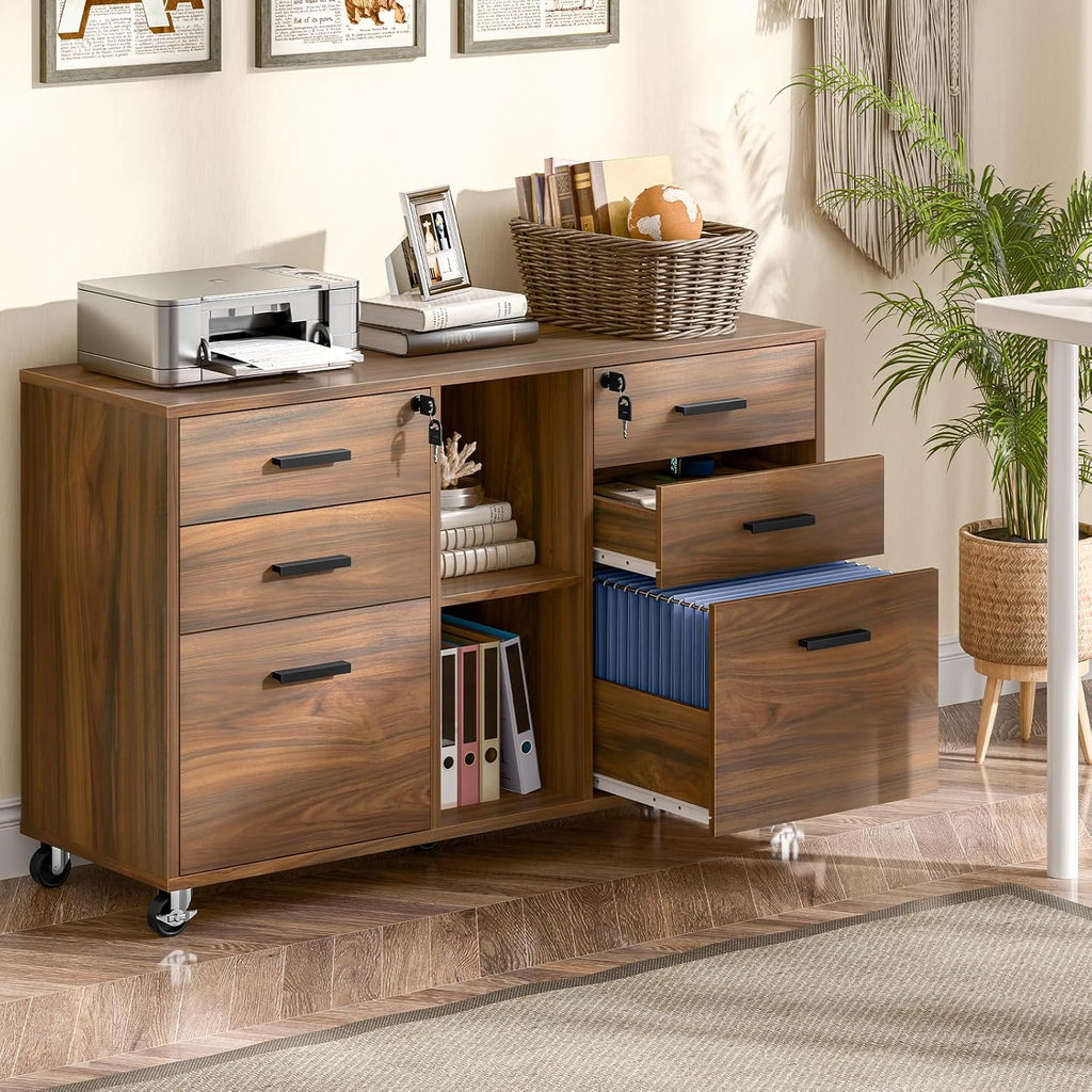 Brown Mobile Lateral File Cabinet with 6 Lockable Drawers