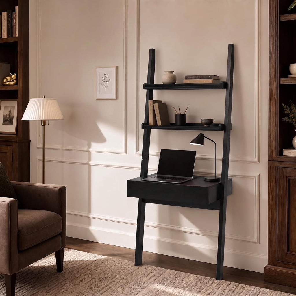 Modern Small Desk with Ladder Shelf & Drawer