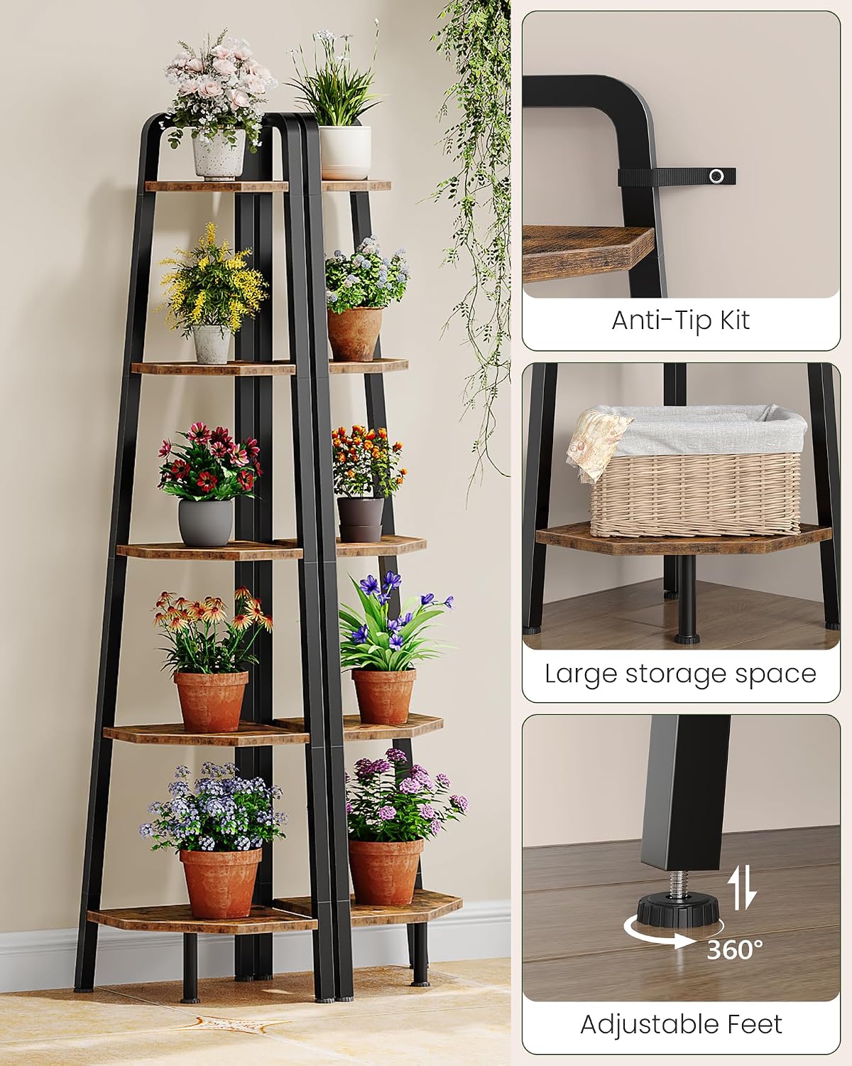Rustic‑Brown 59.6‑Inch 5‑Tier Ladder Corner Shelf