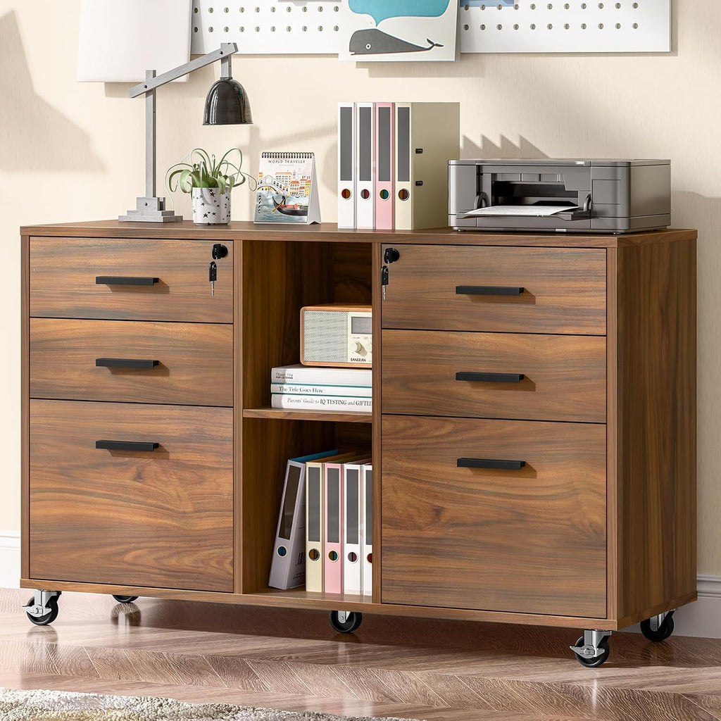 Brown Mobile Lateral File Cabinet with 6 Lockable Drawers