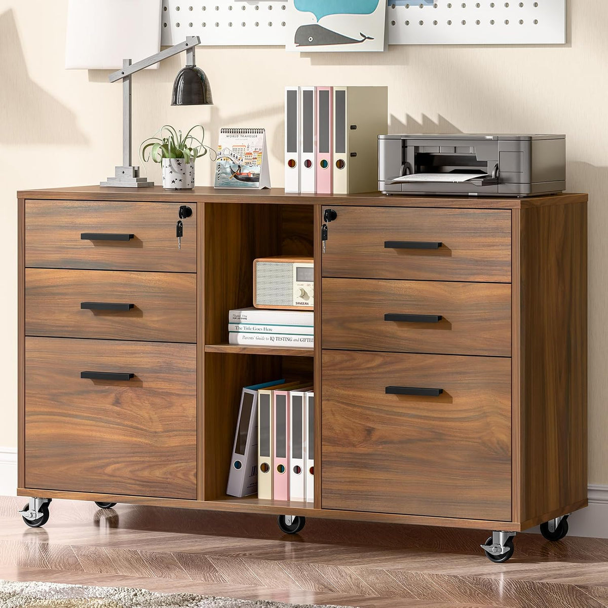 Brown Mobile Lateral File Cabinet with 6 Lockable Drawers