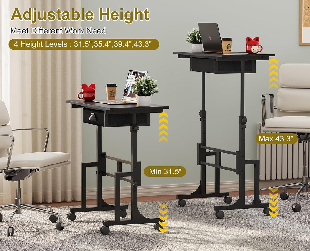 Black Rolling Sit‑Stand Desk with Drawer