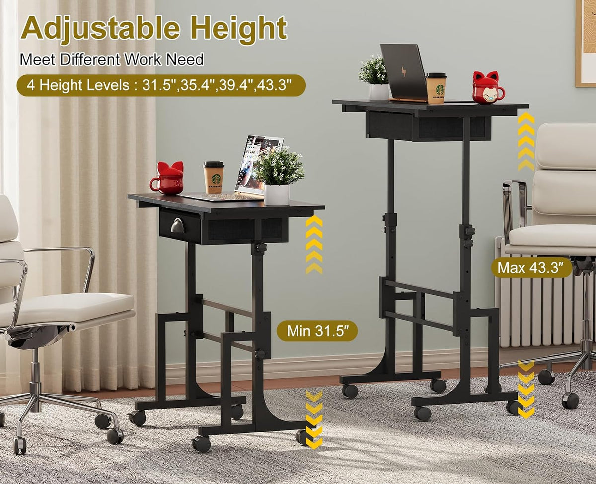 Black Rolling Sit‑Stand Desk with Drawer