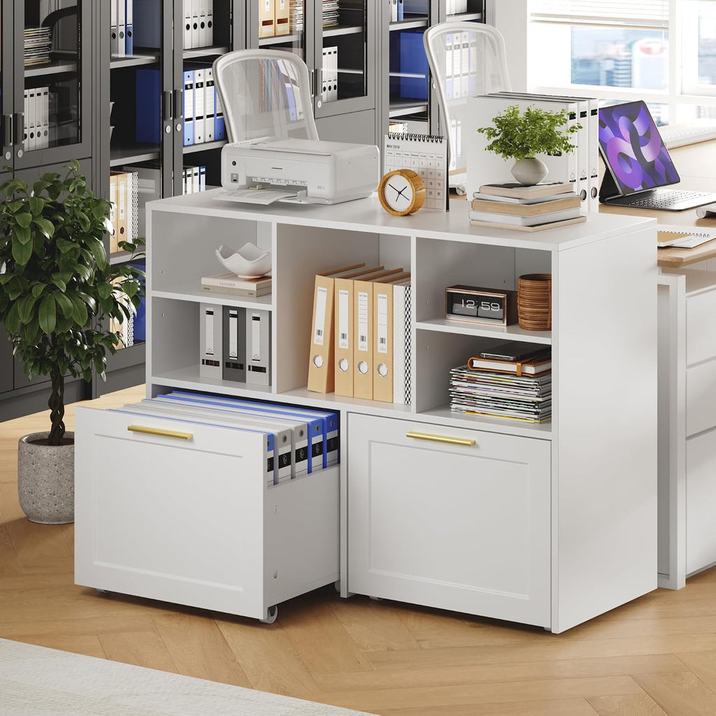 White Wooden Lateral File Cabinet with 2 Drawers & Cubes