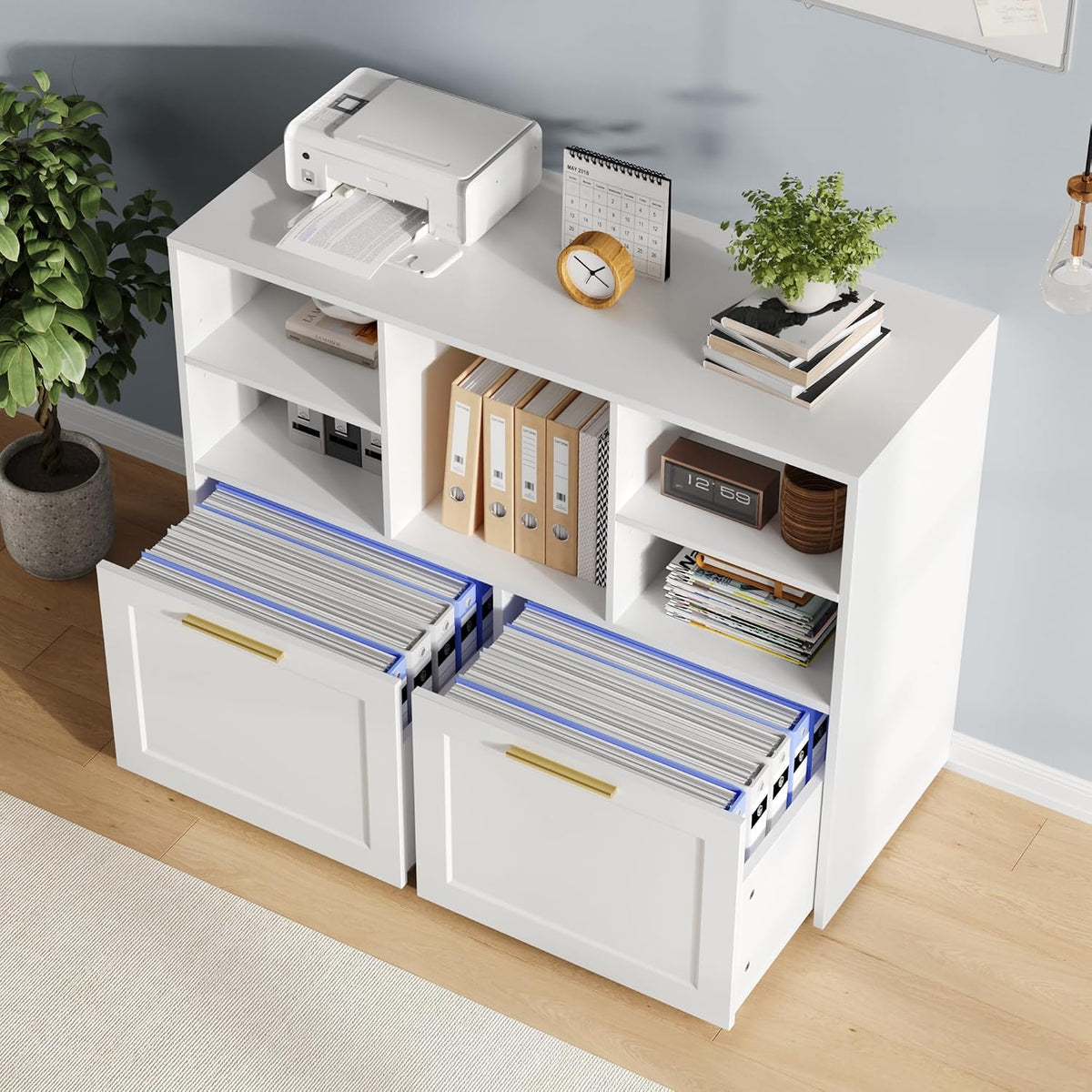 White Wooden Lateral File Cabinet with 2 Drawers & Cubes