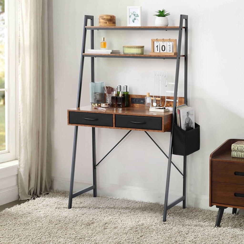 Dark‑Brown Ladder Desk with Power Outlets & Drawers