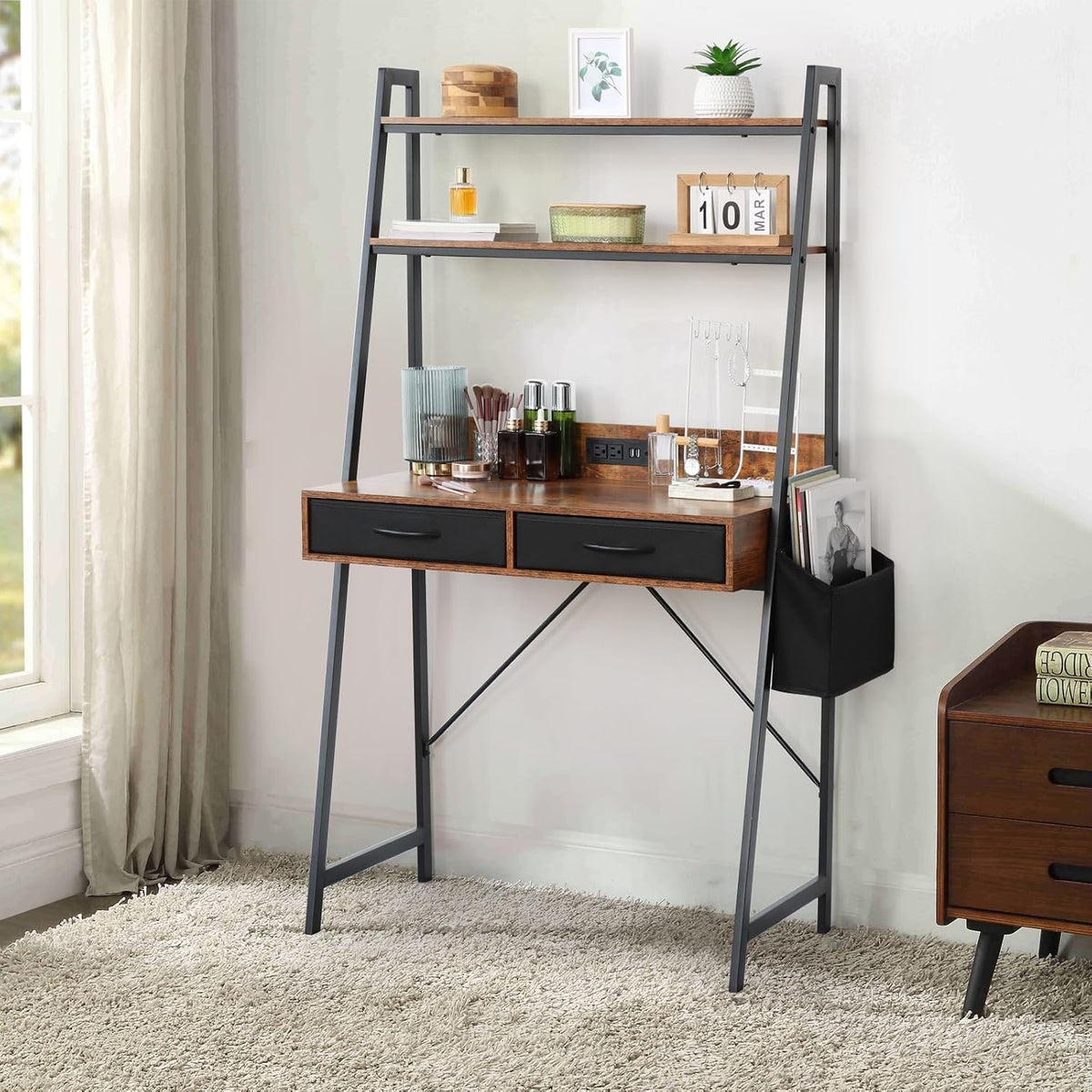 Dark‑Brown Ladder Desk with Power Outlets & Drawers