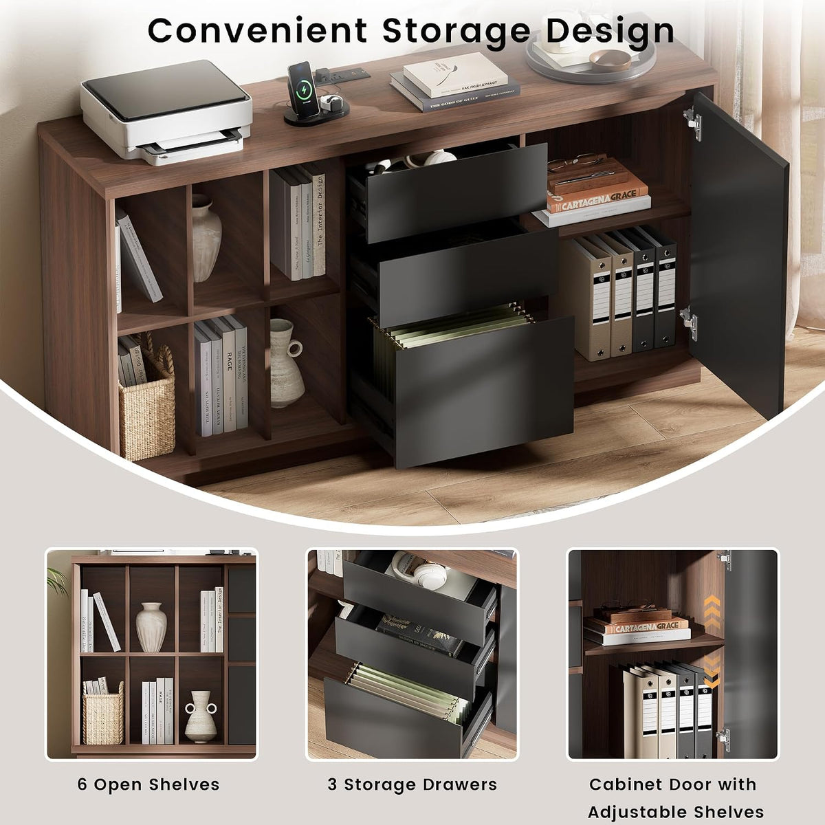 60‑Inch File Cabinet with Drawers, Door & Charging Station