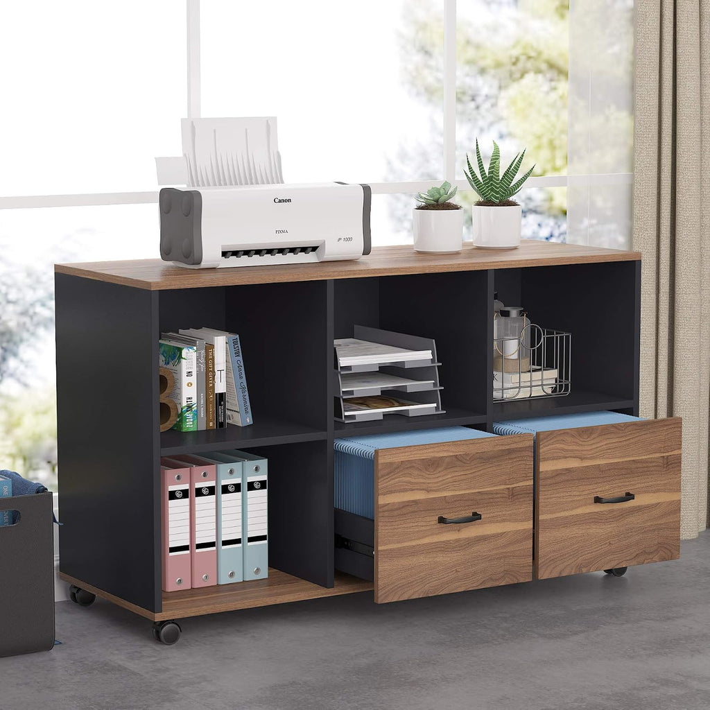 43‑Inch Walnut Mobile File Cabinet with Drawers & Shelves