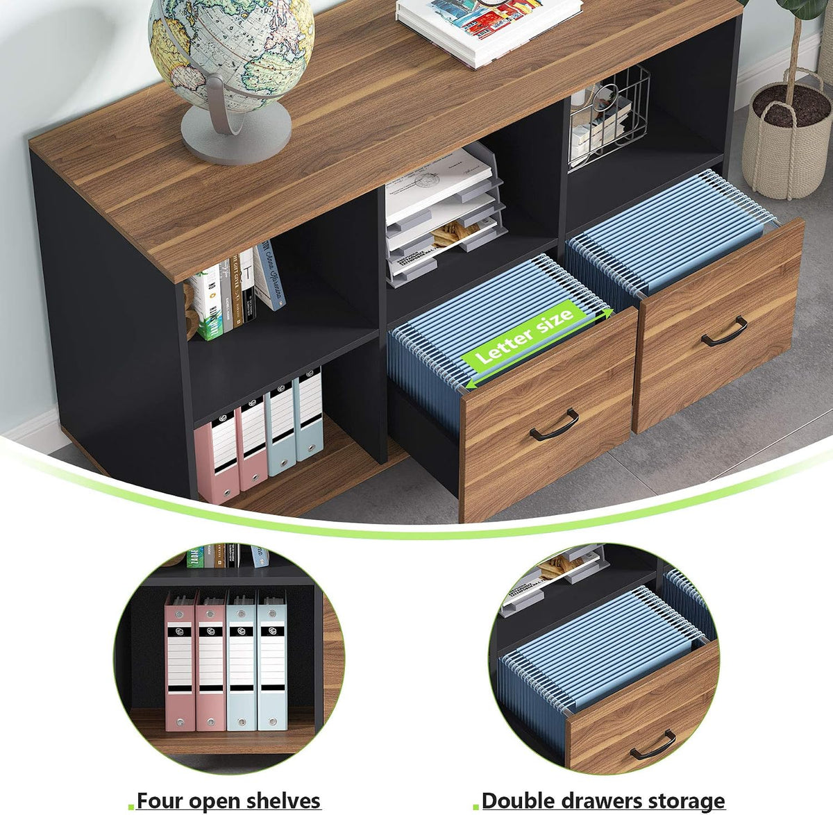 43‑Inch Walnut Mobile File Cabinet with Drawers & Shelves