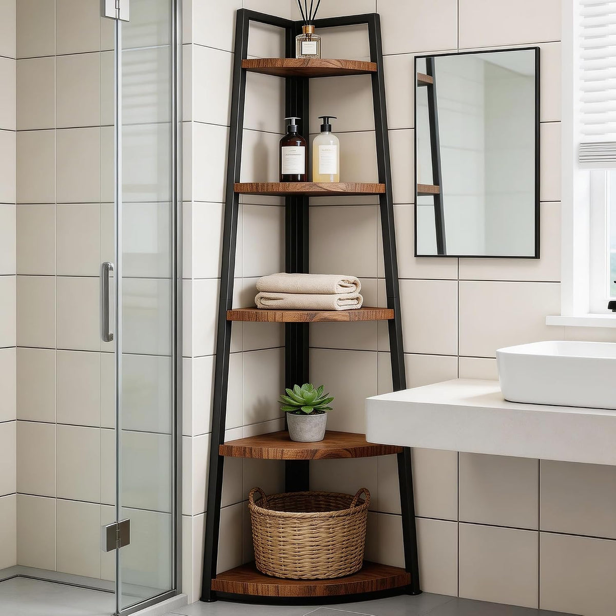 Brown Tall Ladder‑Style Solid Wood Corner Bookcase