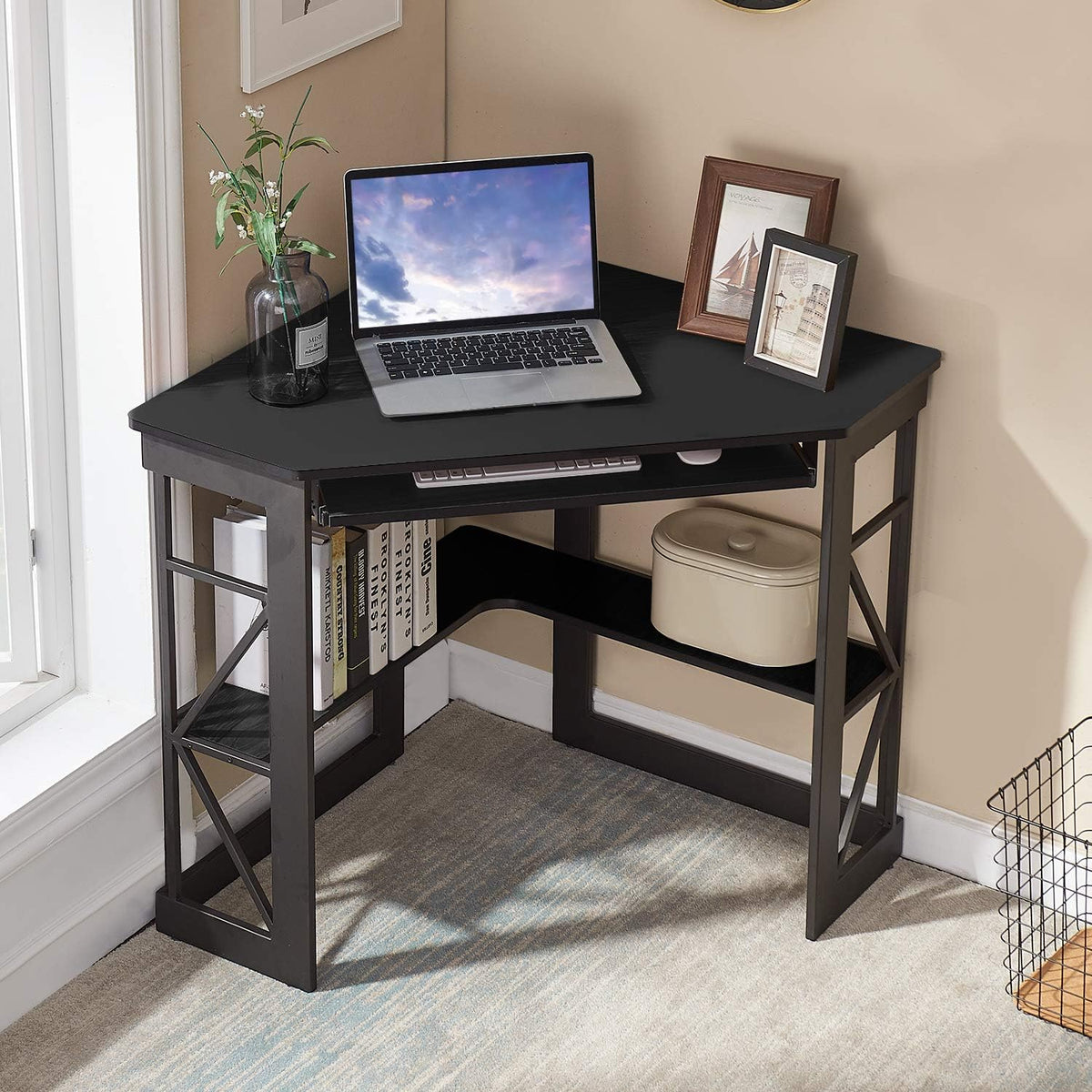 Black Compact Corner Desk with Keyboard Tray & Shelves
