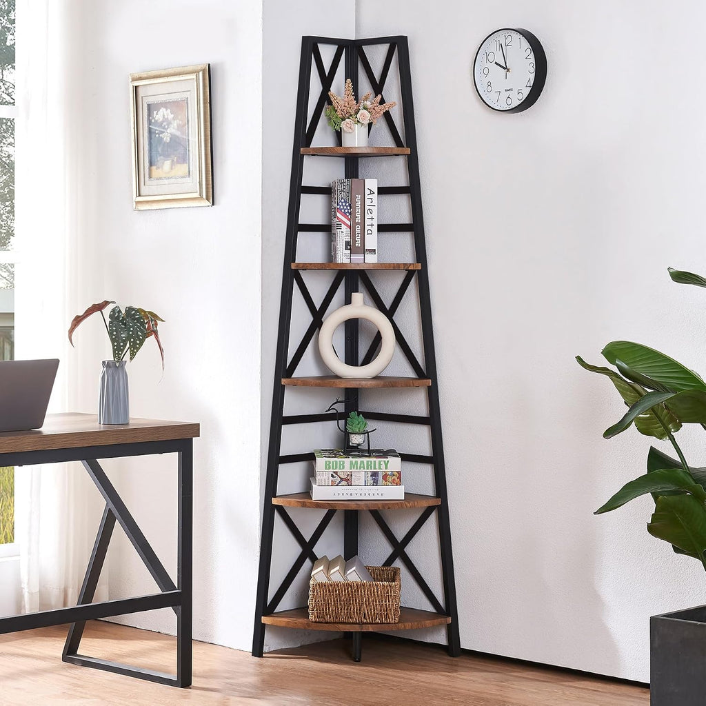 Rustic‑Brown 72‑Inch 5‑Tier Corner Bookshelf