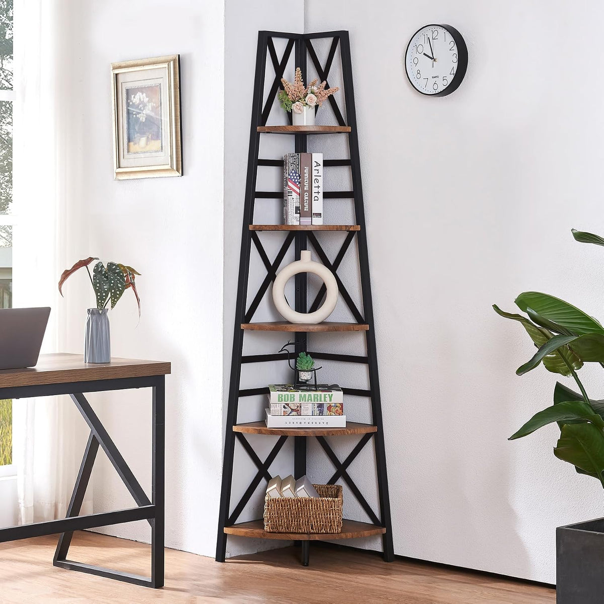 Rustic‑Brown 72‑Inch 5‑Tier Corner Bookshelf