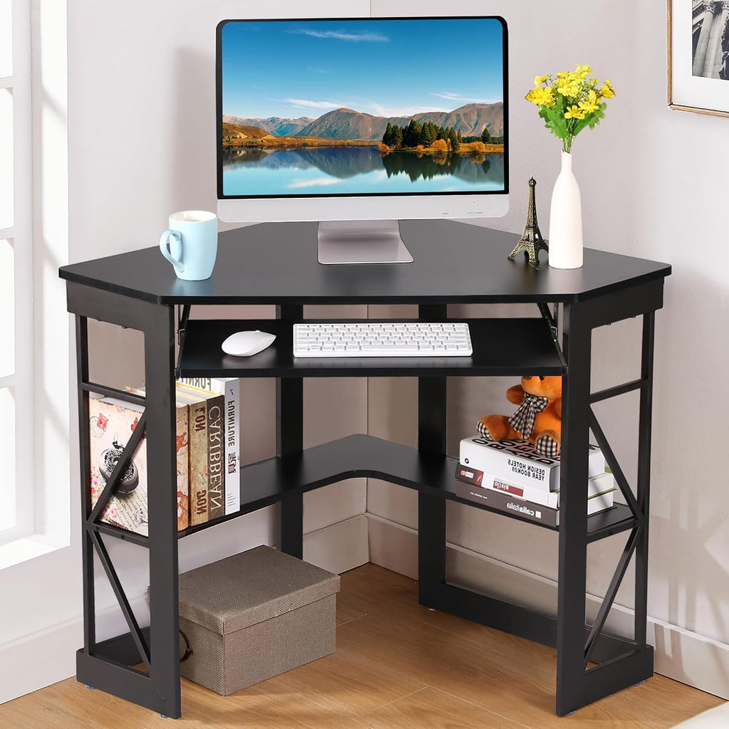 Black Compact Corner Desk with Keyboard Tray & Shelves