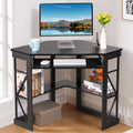 Black Compact Corner Desk with Keyboard Tray & Shelves