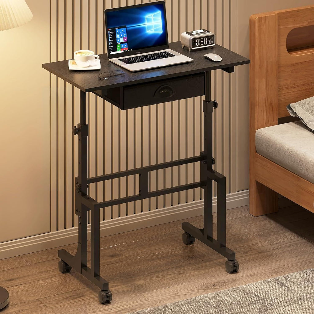 Black Rolling Sit‑Stand Desk with Drawer