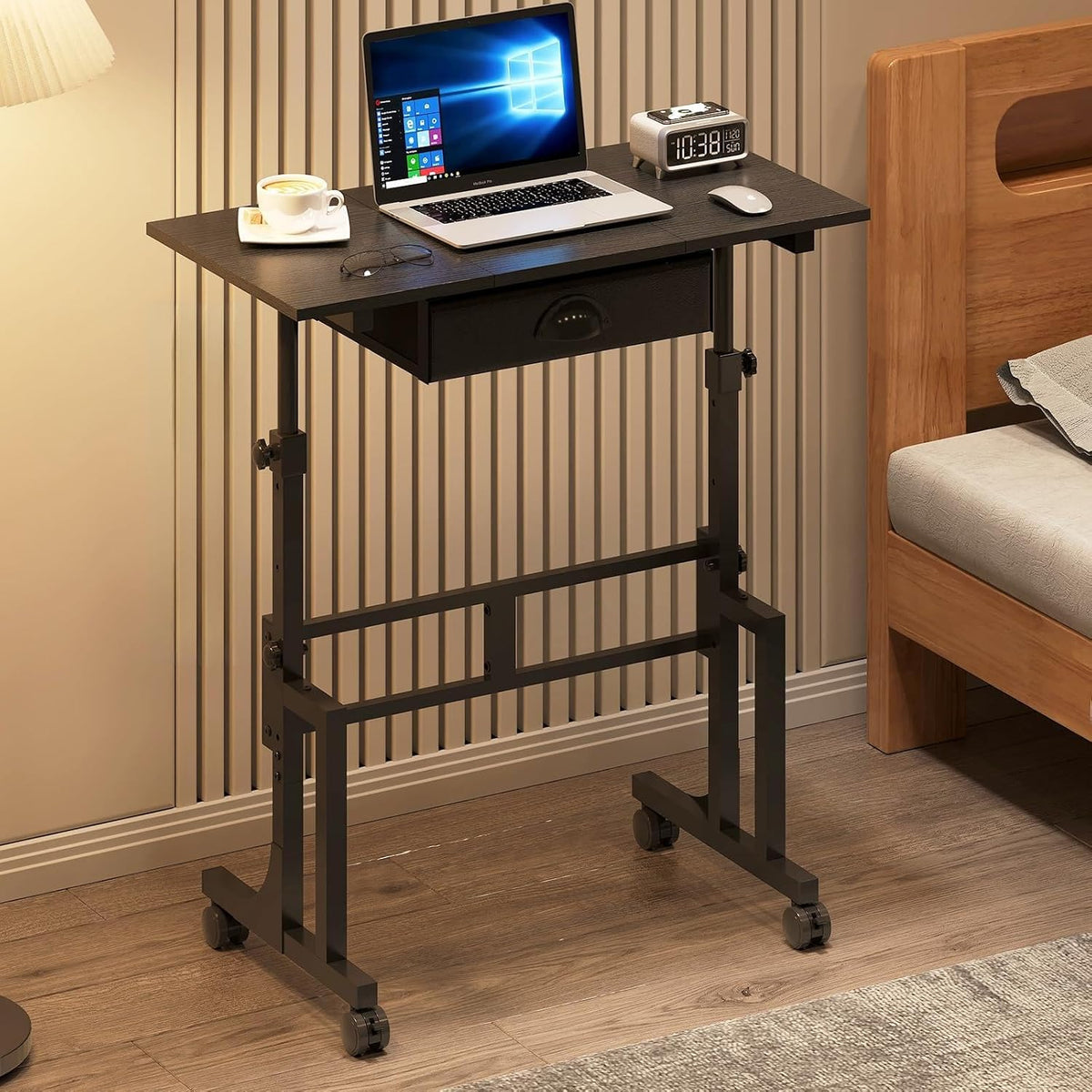 Black Rolling Sit‑Stand Desk with Drawer