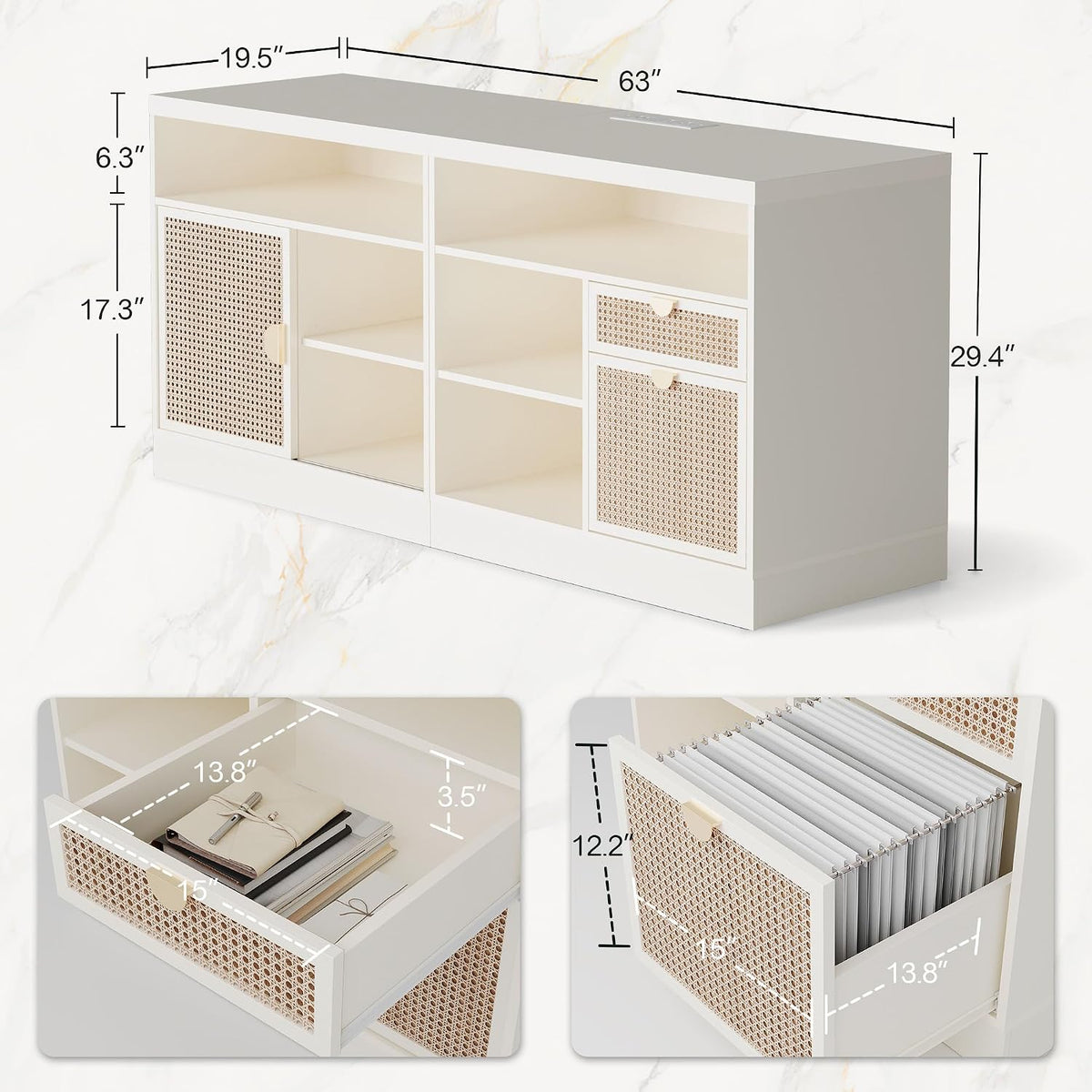 63‑Inch Credenza File Cabinet with Drawers, Lock & Outlet