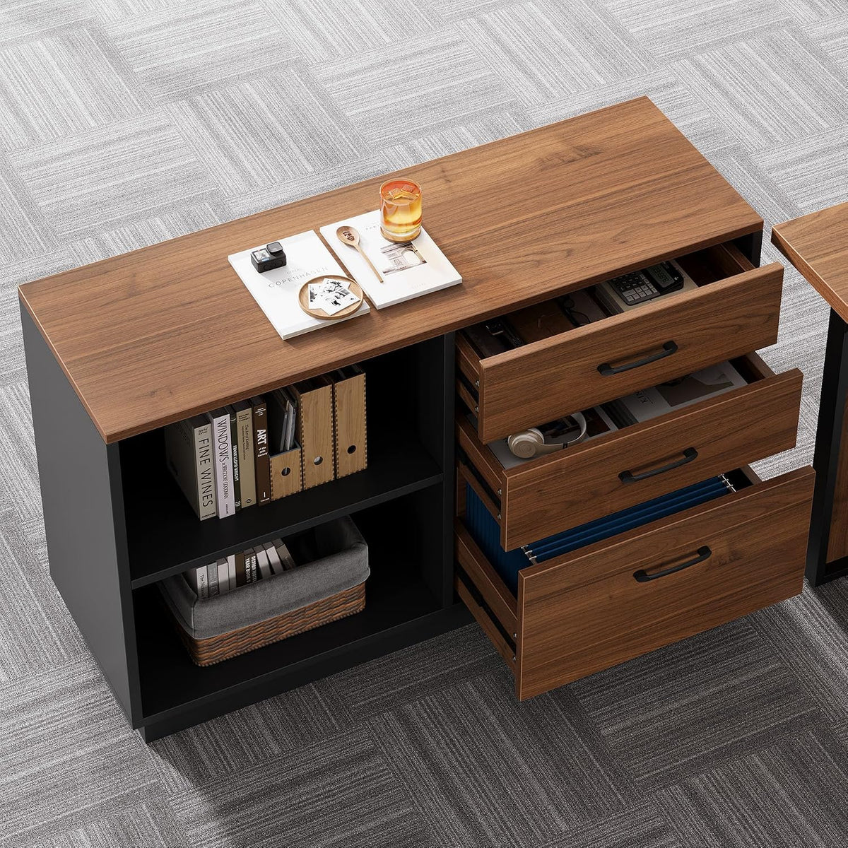 39‑Inch Brown‑Black Lateral Cabinet with Drawers & Shelves