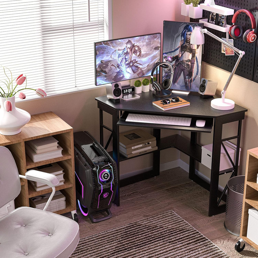 Black Compact Corner Desk with Keyboard Tray & Shelves