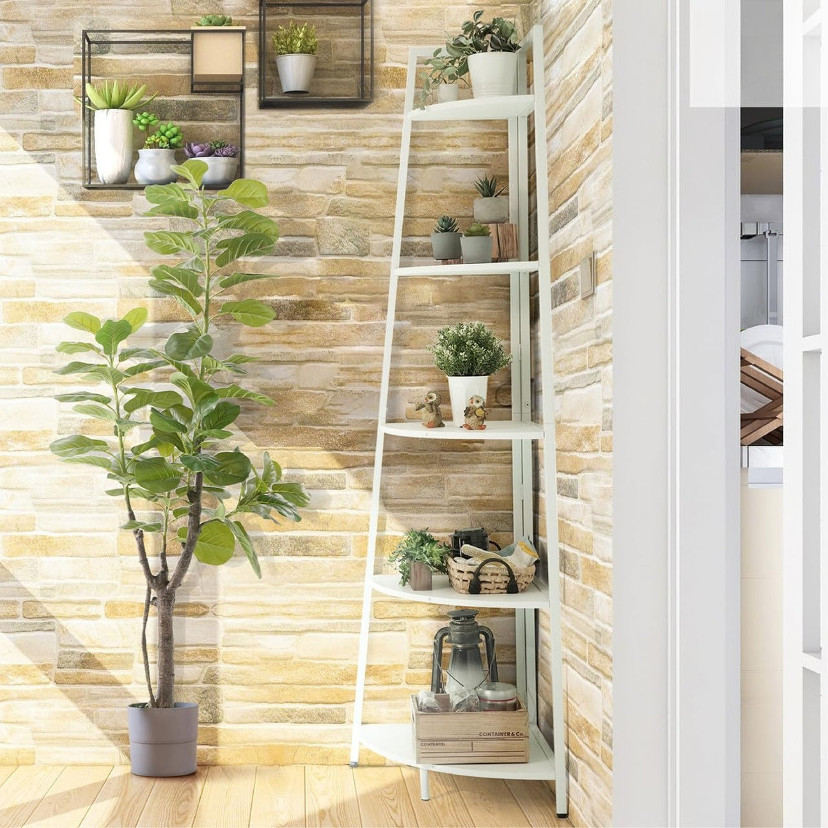 White 5‑Tier Ladder Corner Shelf with Metal Frame