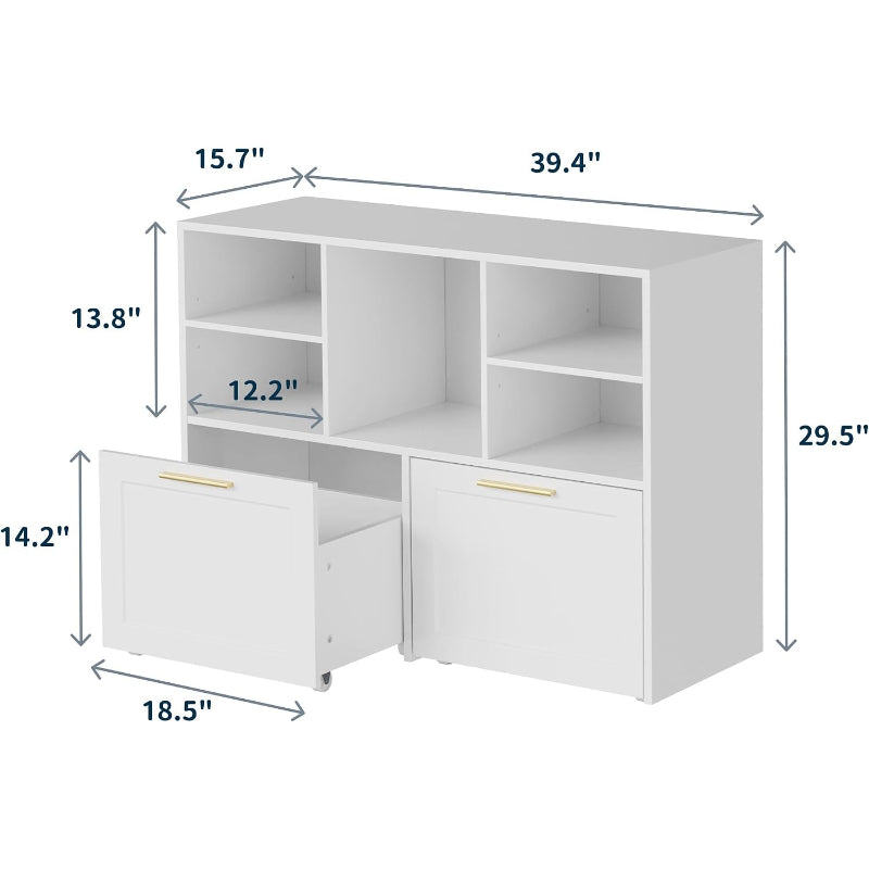 White Wooden Lateral File Cabinet with 2 Drawers & Cubes